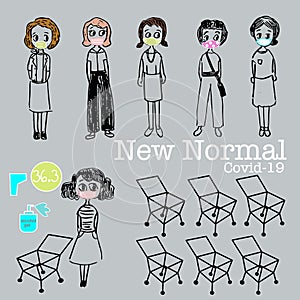 New normal, set of women with face mask social distancing supermarket cartoon vector