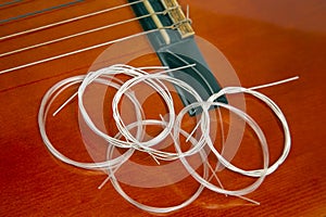 New nylon strings for classical guitar lie on guitar