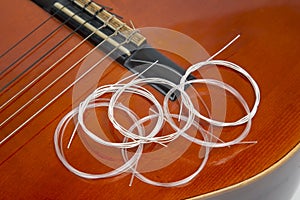 New nylon strings for classical guitar lie on guitar