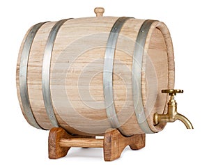 New oak wooden barrel on rack, isolated