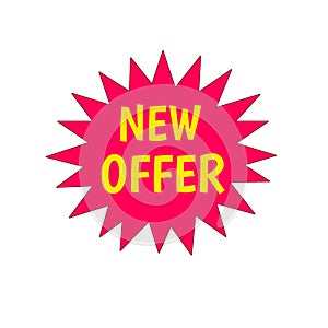 New offer web icon. An isolated label, sticker or icon graphic in pink star brust in golden letters.