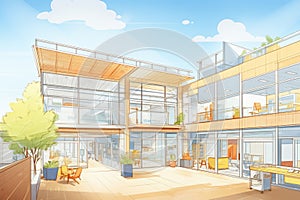 new office building utilizing daylighting techniques, magazine style illustration