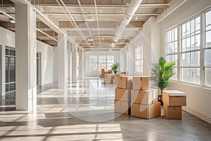 New Office with Cardboard Boxes, Packed Belongings, Moving and Storage Solutions.AI generative