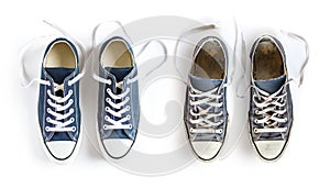 New and old blue sneakers isolated on white background