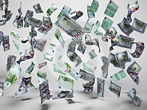 New one hundred dollars and one hundred euro banknotes fall on the floor 3d render on gray background with shadow