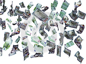 New one hundred dollars and one hundred euro banknotes fall on the floor 3d render on white background no shadow