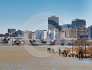 New Orleans city skyline from Mississippi River on a sunny winter day, Louisiana