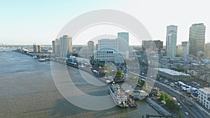 New Orleans Cityscape during French Quater Music Festival, Louisiana. Steamboat Natchez Mississippi River City Skyline in