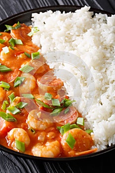 New Orleans gambo with shrimps and sausage close-up in a plate. photo