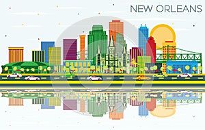 New Orleans Louisiana City Skyline with Color Buildings, Blue Sky and Reflections