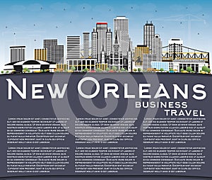 New Orleans Louisiana City Skyline with Gray Buildings, Blue Sky
