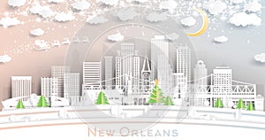 New Orleans Louisiana City Skyline in Paper Cut Style with Snowflakes, Moon and Neon Garland