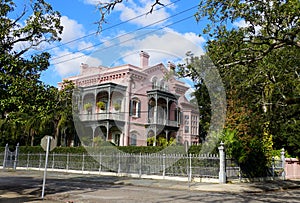 New Orleans, Louisiana, U.S.A - February 8, 2020 - A beautiful pink mansion near The Garden District