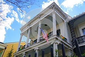 New Orleans, Louisiana, U.S.A - February 8, 2020 - A mansion decorated for Mardi Gras near The Garden District