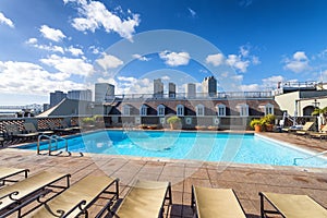 New Orleans skyline from a beautiful rooftop with pool