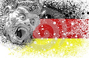 A new outbreak of viral infection at Germany, monkey pox. Head of statue God monkey Hanuman at German flag background photo