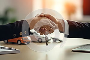 New owner and dealer handshake after concluding a car deal. Concept of car dealerships. Generative AI