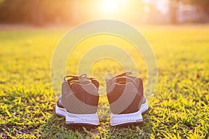 New pairs of black running shoes / sneaker shoes on green grass