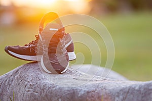 New pairs of black running shoes / sneaker shoes on green grass