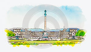 New Palace (Neues Schloss), an 18th-century Baroque palace in Stuttgart, Germany, watercolor sketch illustration.