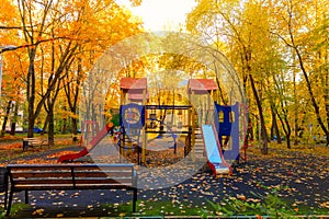 The new park of Moscow, fresh paths and the sun`s rays through the crowns of trees. Vnukovo