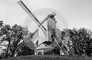 New Parrot windmill, traditional wooden windmill in Bruges, Belgium  in black and white