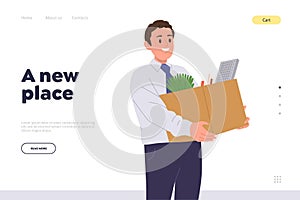 New place headline for landing page template with happy businessman character relocating design photo