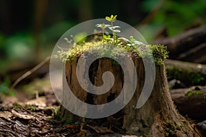 New plant sprout growing on dried tree trunk. Generate ai