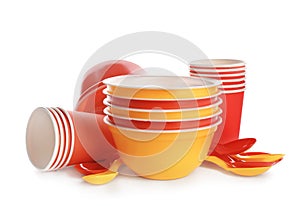 New plastic dishware on white background