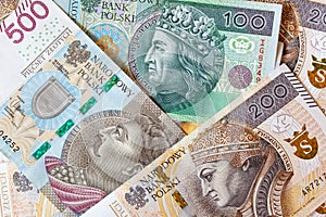New Polish 100, 200, 500 zloty banknotes close up, macro photo