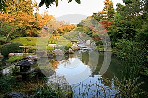 A new pond garden or yoko-en of Taizo-in temple at autumn. Kyoto. Japan