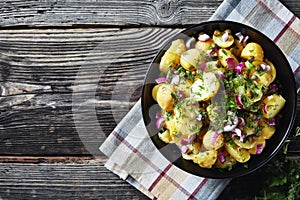 New potato salad with red onion, capers, greens