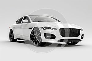 New premium car with glowing headlights on white background front view isolated