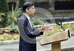 New Prime Minister of the UK, Rishi Sunak, making a speech in Downing Street, London, UK