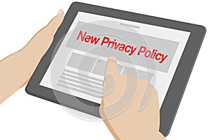 New privacy policy written red on isolated cartoon tablet held with hands. Flat illustration of a device with new personal