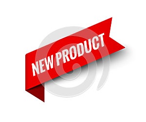 New product badge label tag. Red ribbon symbol new product sign design banner photo