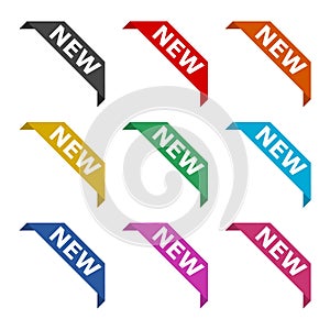 New product corner ribbon banner label icon or logo, color set