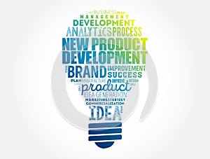New product development light bulb word cloud collage, business concept background