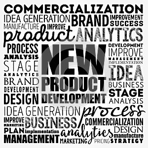 New product development word cloud collage, business concept background