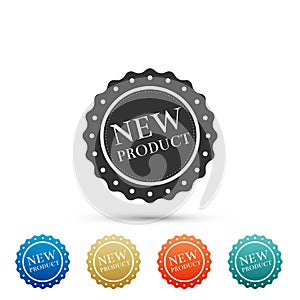 New product label, badge, seal, sticker, tag, stamp icon isolated on white background. Set elements in colored icons.