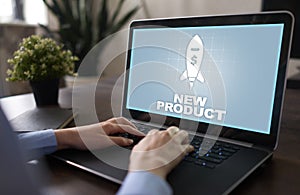 New product launch. Rocket icon on virtual screen. Marketing strategy, commercial innovation. Business concept.