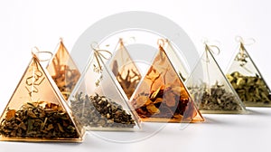 New pyramid tea bags on white background