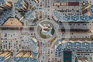 New quarters with new modern high-rise buildings, roads and parking lots in Voronezh city, aerial view