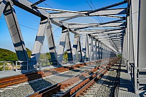 New railway bridge crossing Mures river. Arad county, Romania, Europe