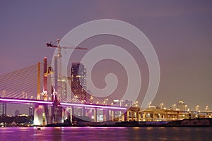 new Rama nine suspension bridge under construction cross Chao Phraya river in Thailand on night