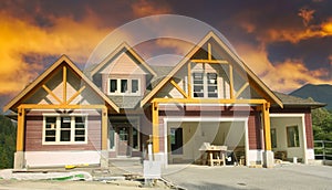 New Real Estate Housing Home House Under Construction Orange Sky Background