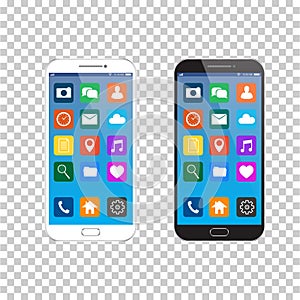 New realistic mobile smart phone black and white modern style. Vector smartphone with UI icons. isolated on transparent background