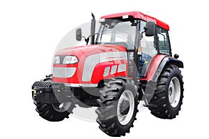 New red agricultural tractor isolated over white background. Wit