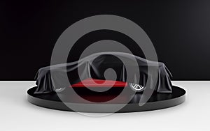 New red car hidden under black cover on black and white background. 3d render