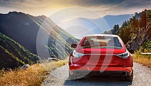 A new red car pulled over on the side of a remote mountain road